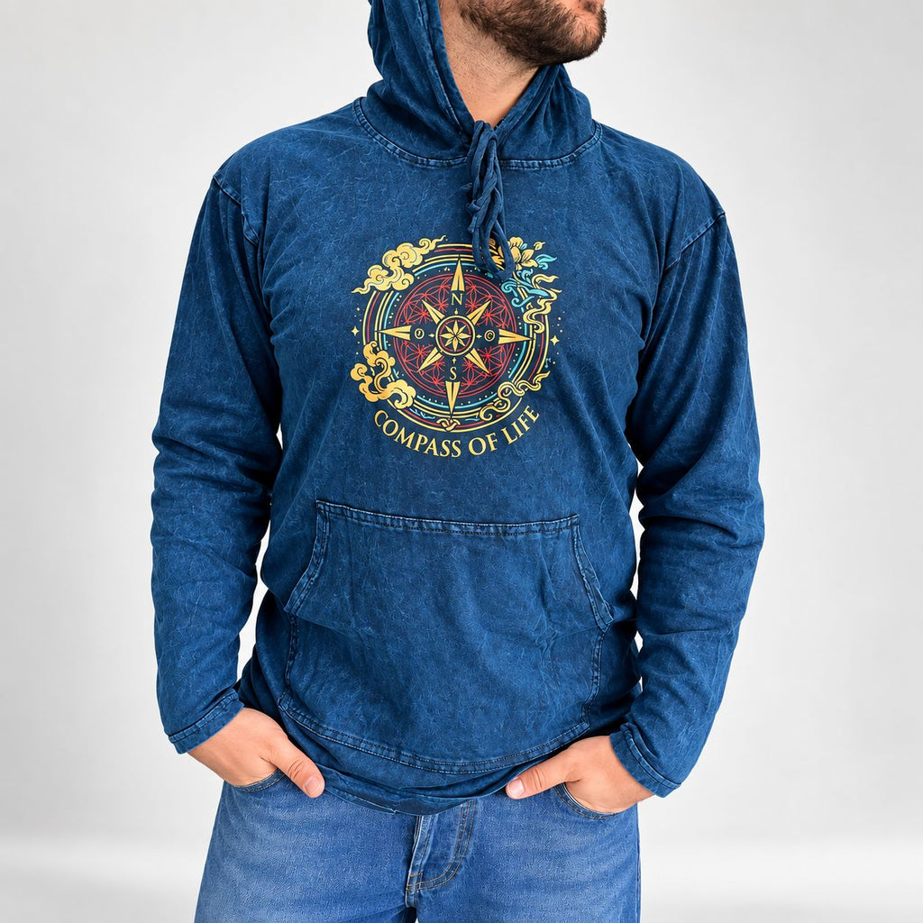 Small Stone Washed Hoody Shirt Kangaroo Pocket - Blue Compass of Life