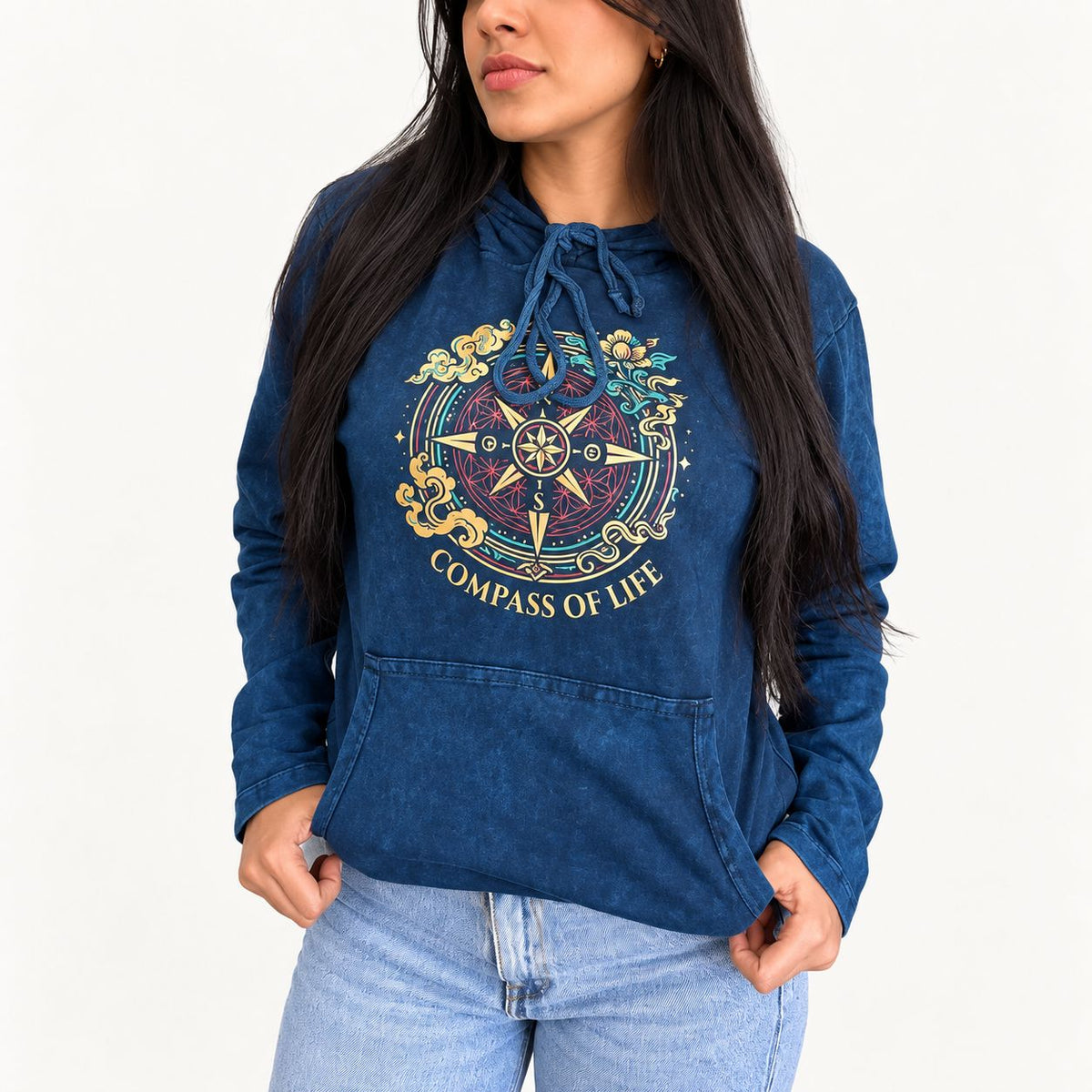 Large Stone Washed Hoody Shirt Kangaroo Pocket - Blue Compass of Life