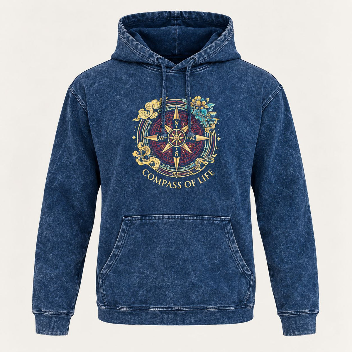 XLarge Stone Washed Hoody Shirt Kangaroo Pocket - Blue Compass of Life
