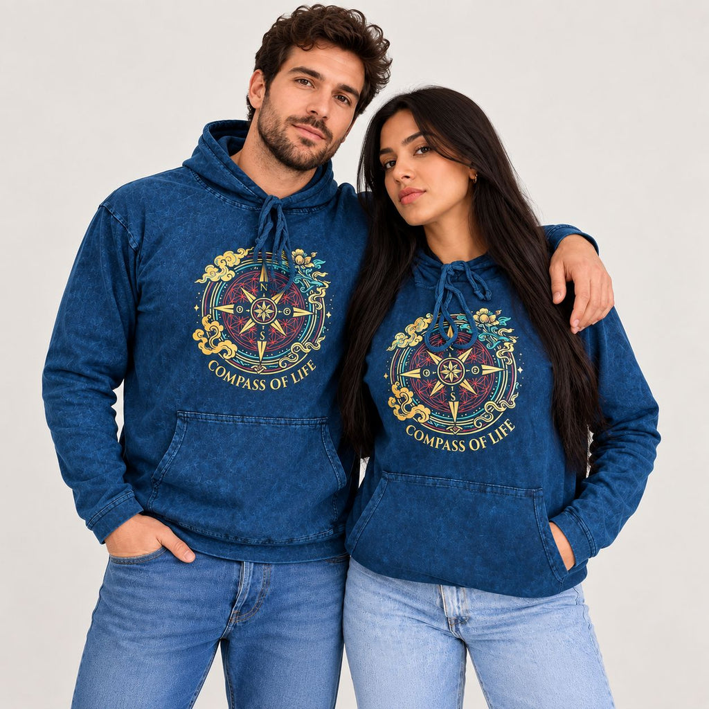 Small Stone Washed Hoody Shirt Kangaroo Pocket - Blue Compass of Life