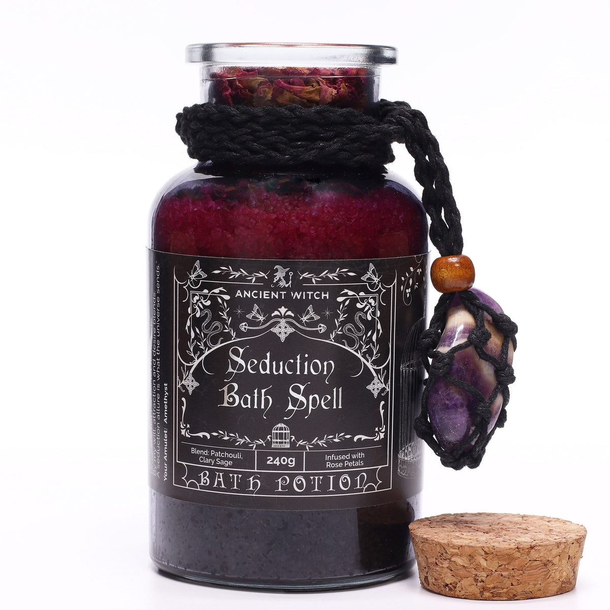 Ancient Witch Bath Spell Potion & Amethyst Crystal Amulet - Seduction