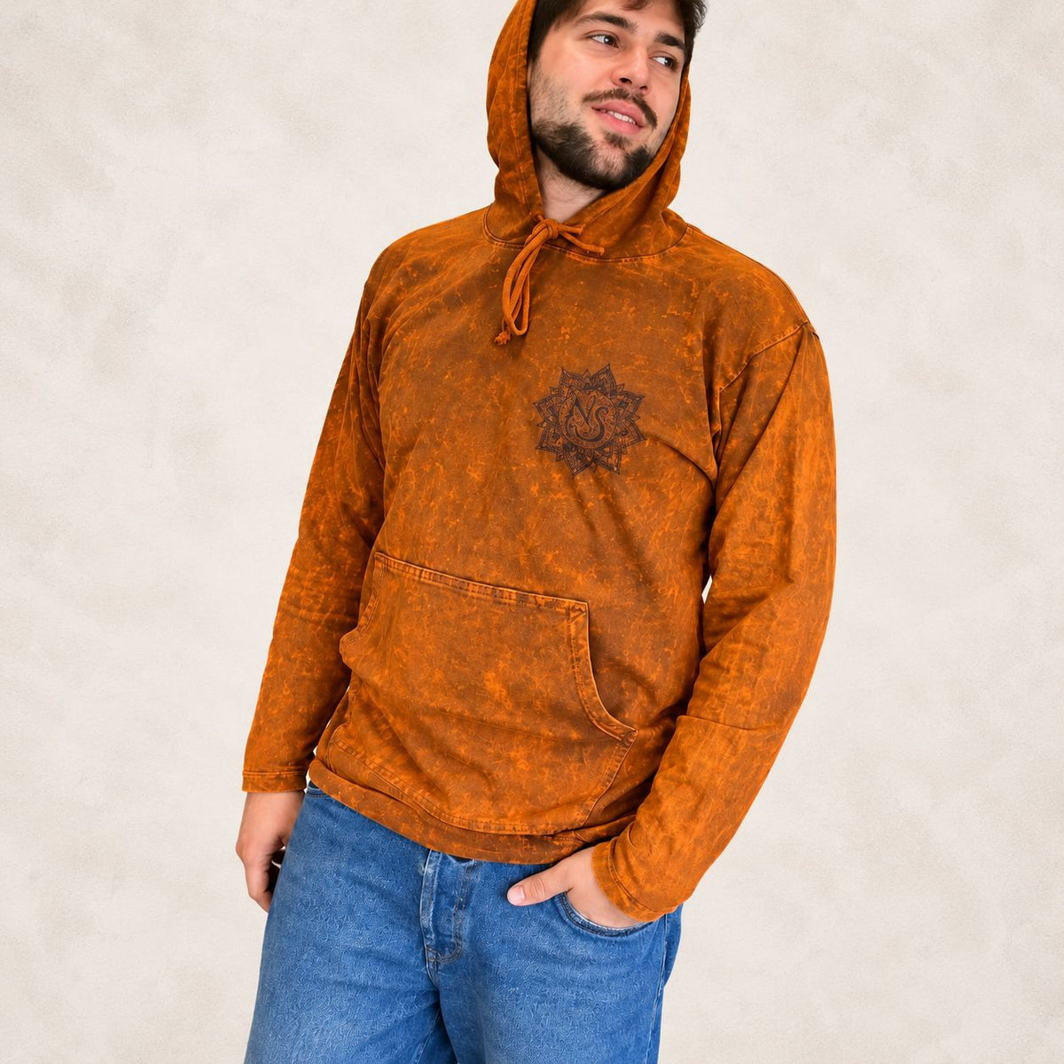 Large Stone Washed Hoody Shirt Kangaroo Pocket - Burnt Orange