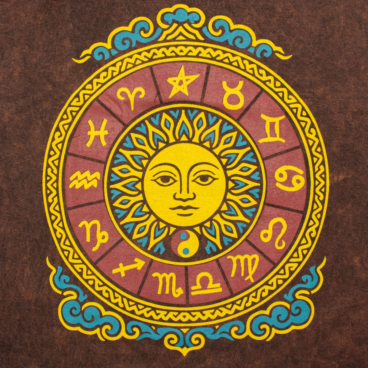 Nomad Sari Stonewashed Cotton T-Shirt - Sun & Zodiac - Brown - XL