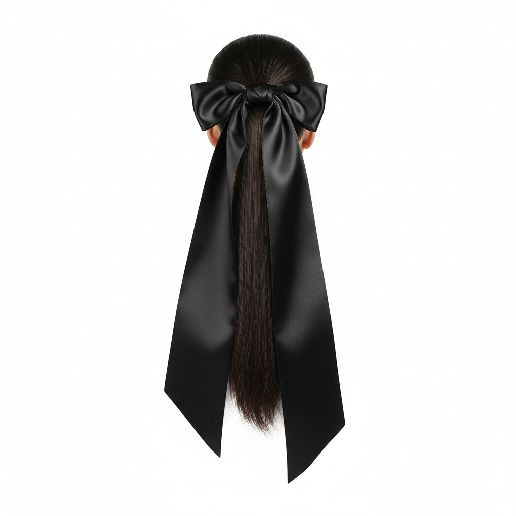 Fashion Solid Color Satin Ribbon Long Bow Ponytail Scarf black